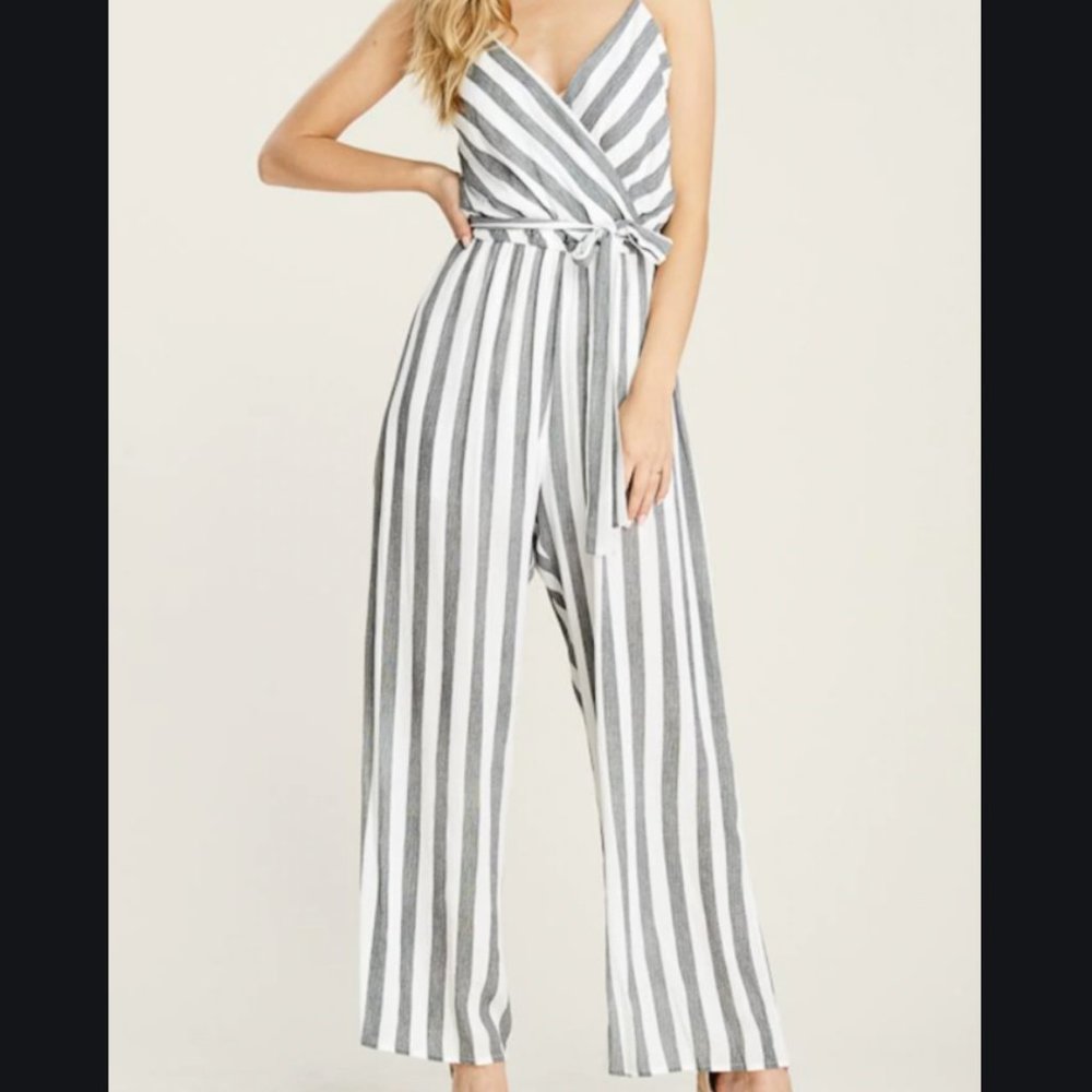 Staccato Full Length Striped Jumpsuit Gray/White S